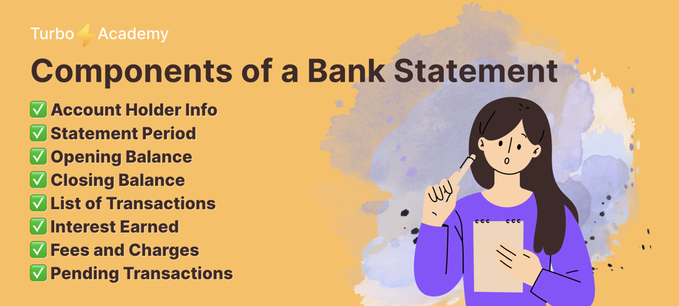 Key components of a bank statement: account info, balance, and transactions